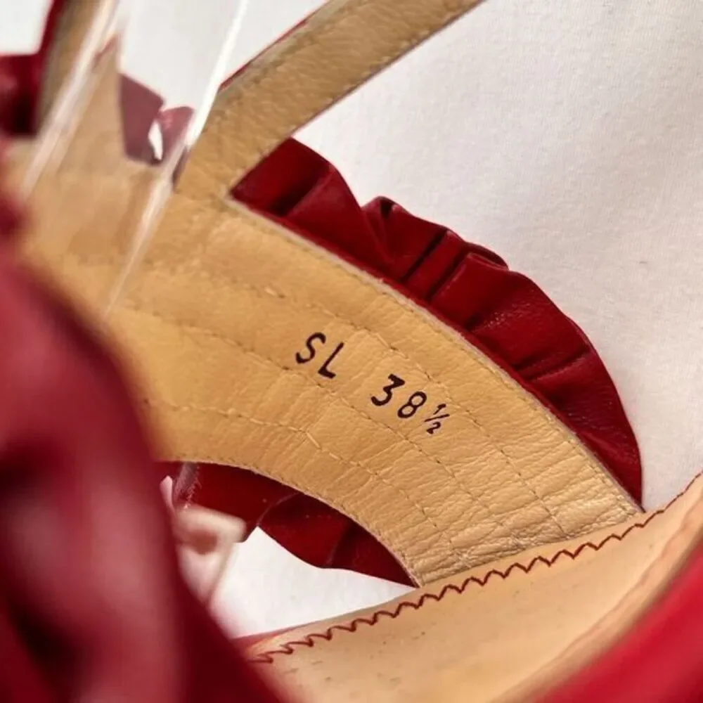 Courtney‎ Crawford Ruffle Leather Strappy Heels Sandals Red 38.5 (8) Made Italy